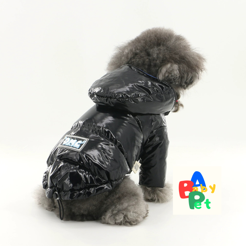 Original Autumn/Winter Black Glossy Waterproof Down Vest for Teddy Dogs with Detachable Hood