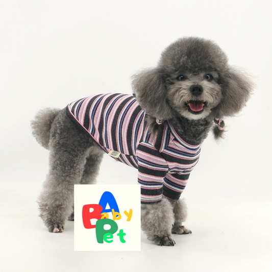 Pet Spring/Autumn Thin Gray-Pink Striped Ribbed Pure Cotton T-Shirt for Teddy and Schnauzer