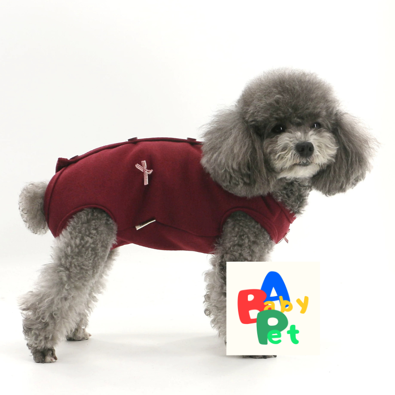 Autumn/Winter Burgundy Female Dog Belly Cover Cardigan with Bow Tie; New Year's Teddy Dog (Neutered)