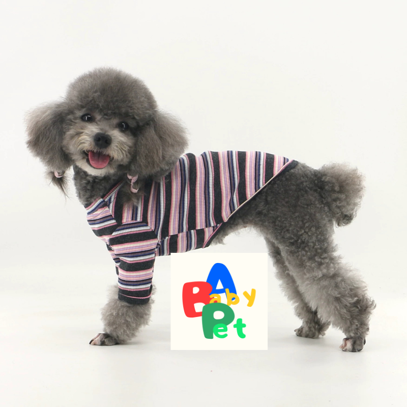 Pet Spring/Autumn Thin Gray-Pink Striped Ribbed Pure Cotton T-Shirt for Teddy and Schnauzer
