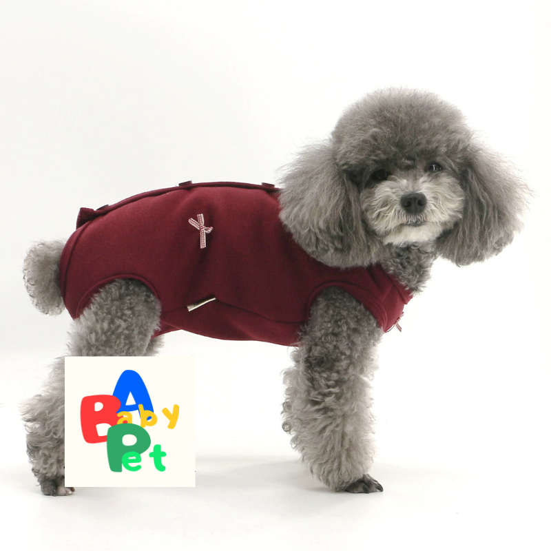 Autumn/Winter Burgundy Female Dog Belly Cover Cardigan with Bow Tie; New Year's Teddy Dog (Neutered)