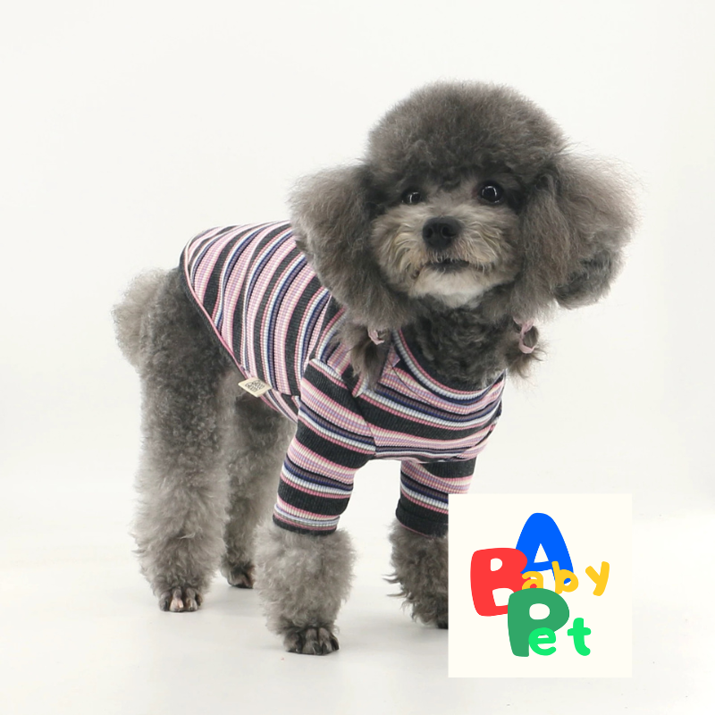 Pet Spring/Autumn Thin Gray-Pink Striped Ribbed Pure Cotton T-Shirt for Teddy and Schnauzer