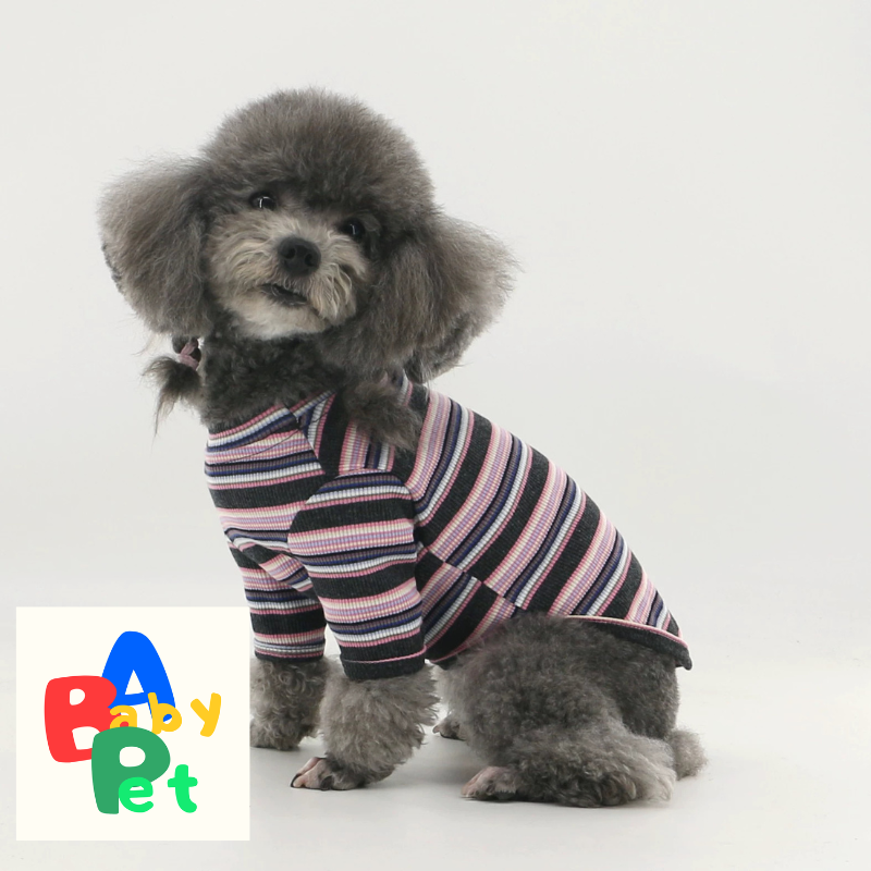 Pet Spring/Autumn Thin Gray-Pink Striped Ribbed Pure Cotton T-Shirt for Teddy and Schnauzer