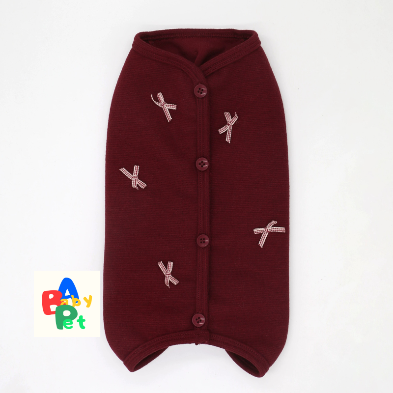 Autumn/Winter Burgundy Female Dog Belly Cover Cardigan with Bow Tie; New Year's Teddy Dog (Neutered)