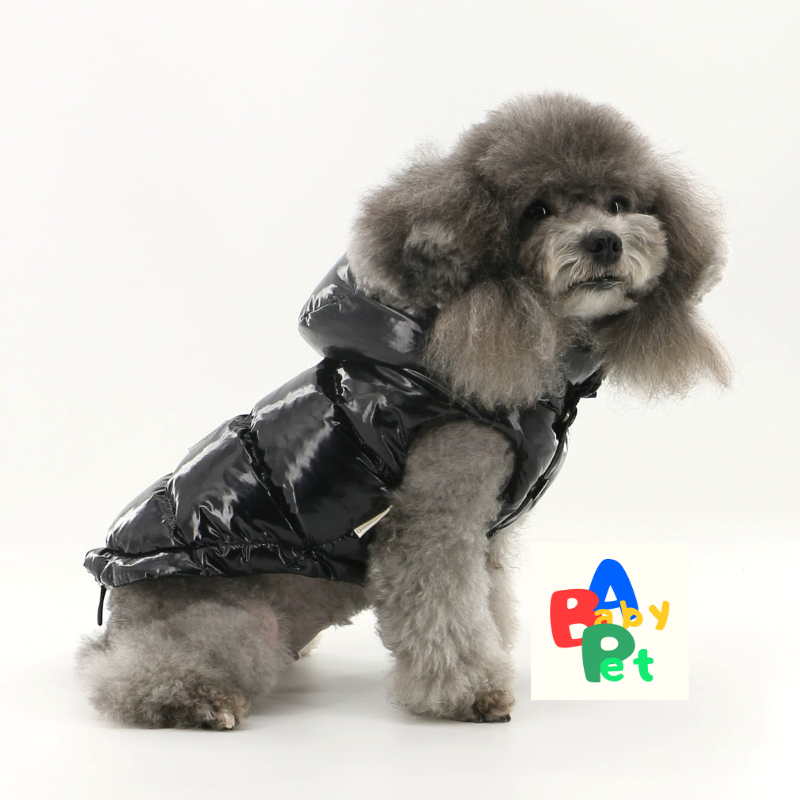 Original Autumn/Winter Black Glossy Waterproof Down Vest for Teddy Dogs with Detachable Hood